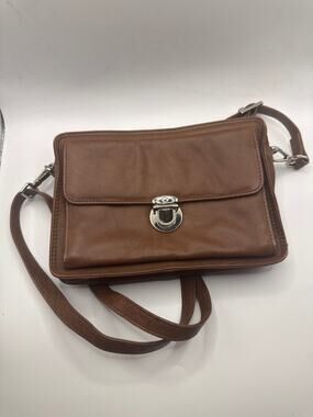 Genuine Leather Organizer Crossbody Bag Brown Push Lock Wallet Purse Removable